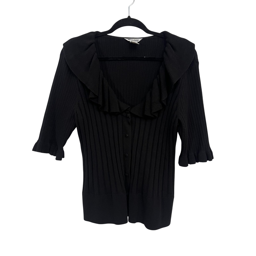Nygard Cardigan Large Ruffle Collar Ribbed Knit Black Button Down Top